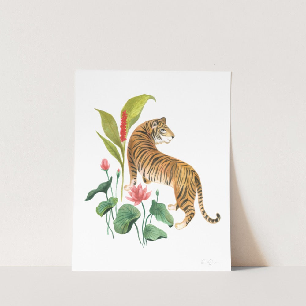 Tiger and Lotus Flowers Art Print