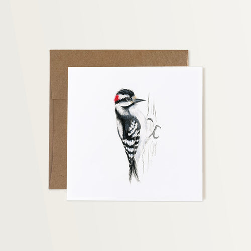 This note card features a hand-painted watercolor illustration of a Downy Woodpecker on a white background. The bird has a black head snd white spotted pattern across its back and wings with a white chest. It’s depicted perched on the trunk of a tree. The greeting card is paired with a brown Kraft paper envelope.